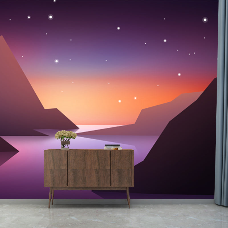 Large Mountain Starry Sky Murals Purple-Yellow Non-Woven Wall Covering, Waterproof, Custom Print Clearhalo 'Wall Decor' 'Wall Mural' 1422121