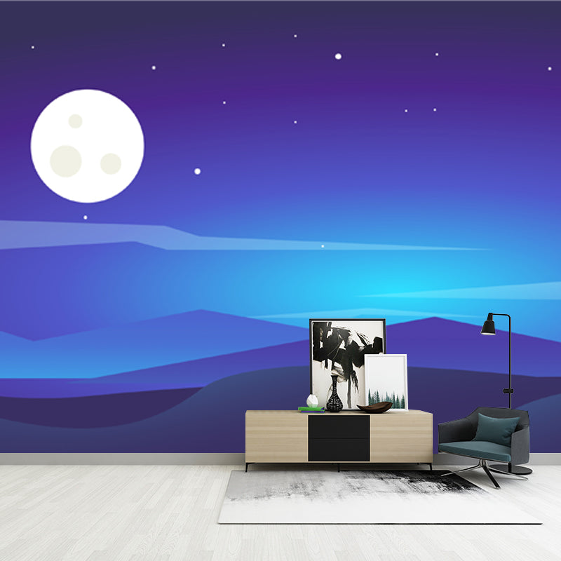 Nordic Night Scenery Murals Wallpaper Blue Moon and Polar Light Wall Covering for Accent Wall Aurora Blue Clearhalo 'Wall Decor' 'Wall Mural' 1422139