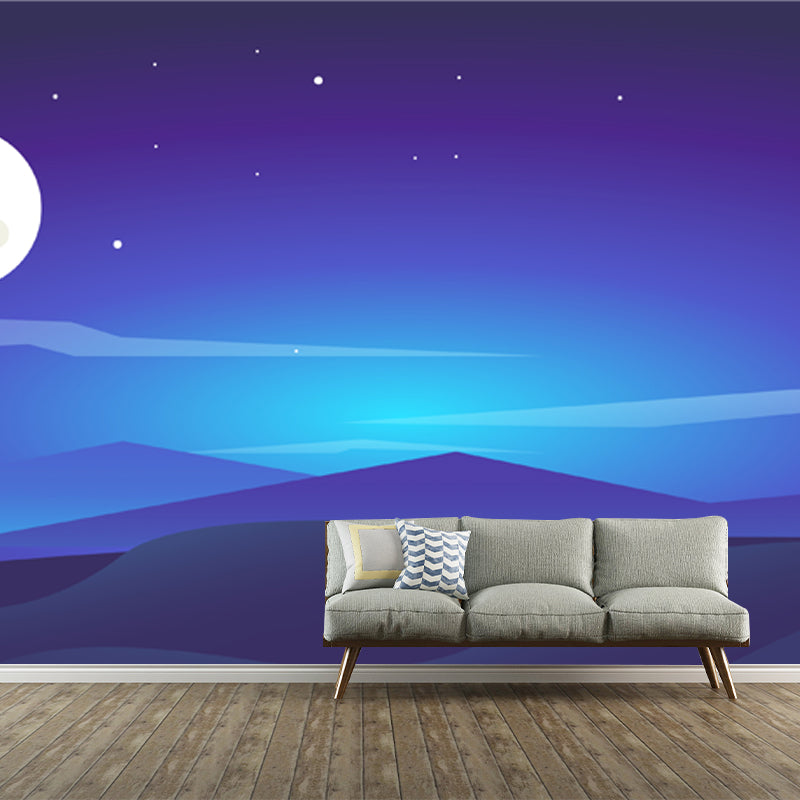 Nordic Night Scenery Murals Wallpaper Blue Moon and Polar Light Wall Covering for Accent Wall Clearhalo 'Wall Decor' 'Wall Mural' 1422140