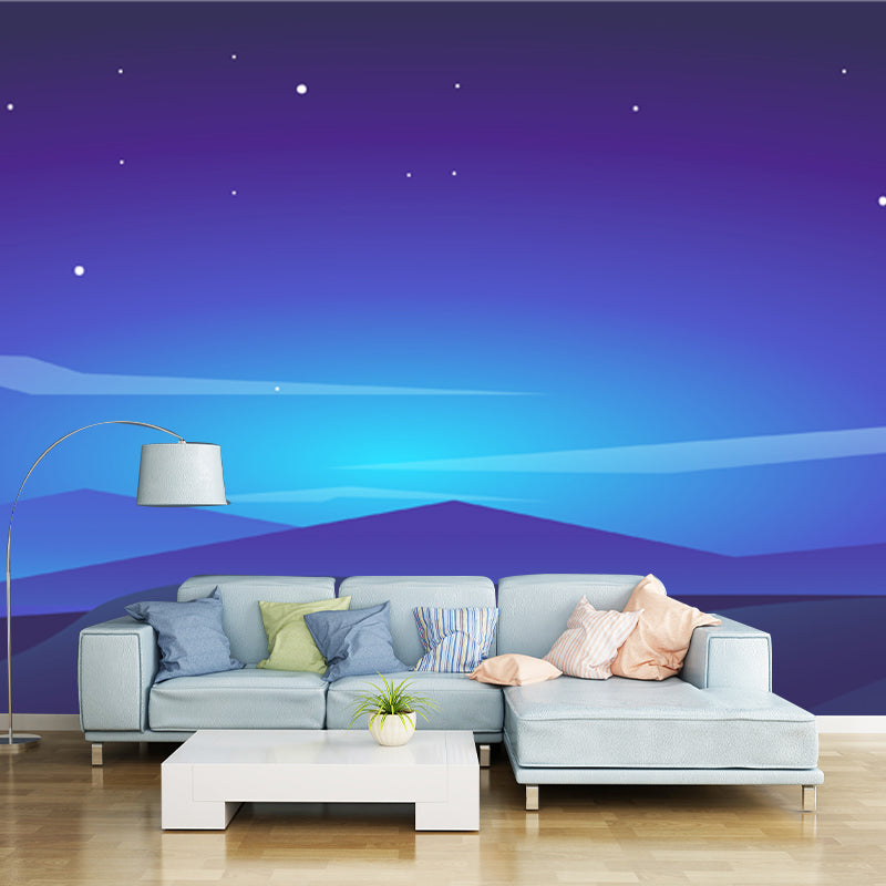 Nordic Night Scenery Murals Wallpaper Blue Moon and Polar Light Wall Covering for Accent Wall Clearhalo 'Wall Decor' 'Wall Mural' 1422141