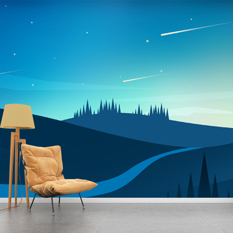 Lonely Hill Path Wall Mural for Bedroom Night Meteor Shower Wall Decor, Made to Measure Blue Clearhalo 'Wall Decor' 'Wall Mural' 1422154