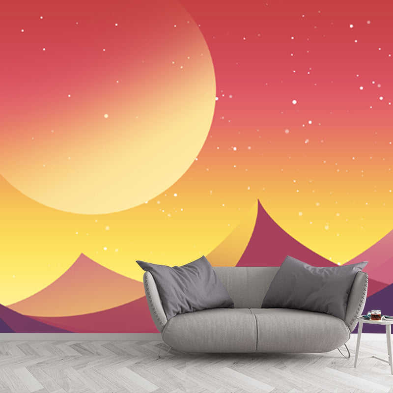 Illustration Crescent over Desert Mural for Bedroom, Orange, Custom Size Available Clearhalo 'Wall Decor' 'Wall Mural' 1422171