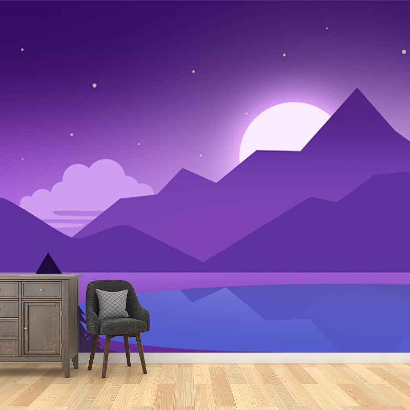 Full-Size Artistic Mural Wallpaper in Purple Riverside Mountain with Rising Moon Pattern Wall Decor, Custom Made Purple Clearhalo 'Wall Decor' 'Wall Mural' 1422174