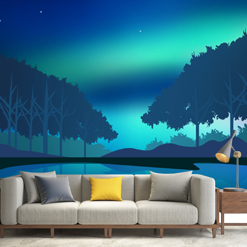 Aqua Aurora Wall Mural Forest Starry Sky Modern Waterproof Wall Decor for Living Room Aqua Clearhalo 'Wall Decor' 'Wall Mural' 1422194