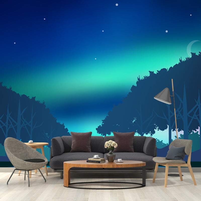 Aqua Aurora Wall Mural Forest Starry Sky Modern Waterproof Wall Decor for Living Room Clearhalo 'Wall Decor' 'Wall Mural' 1422195