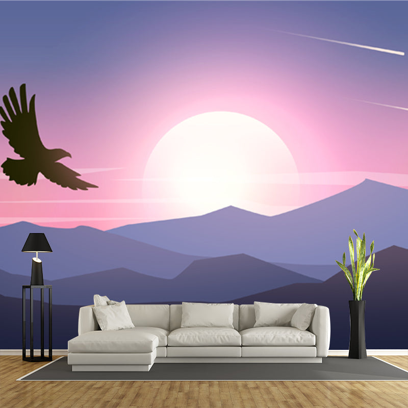 Hovering Eagle at Sunrise Murals Modern Moisture Resistant Bedroom Wall Art, Custom Print Pink-Blue Clearhalo 'Wall Decor' 'Wall Mural' 1422204