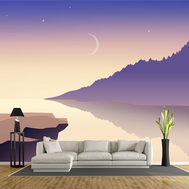 Non-Woven Stain Resistant Mural Modern River and Moon Night Starry Sky Print Wall Art in Purple-Yellow Clearhalo 'Wall Decor' 'Wall Mural' 1422229