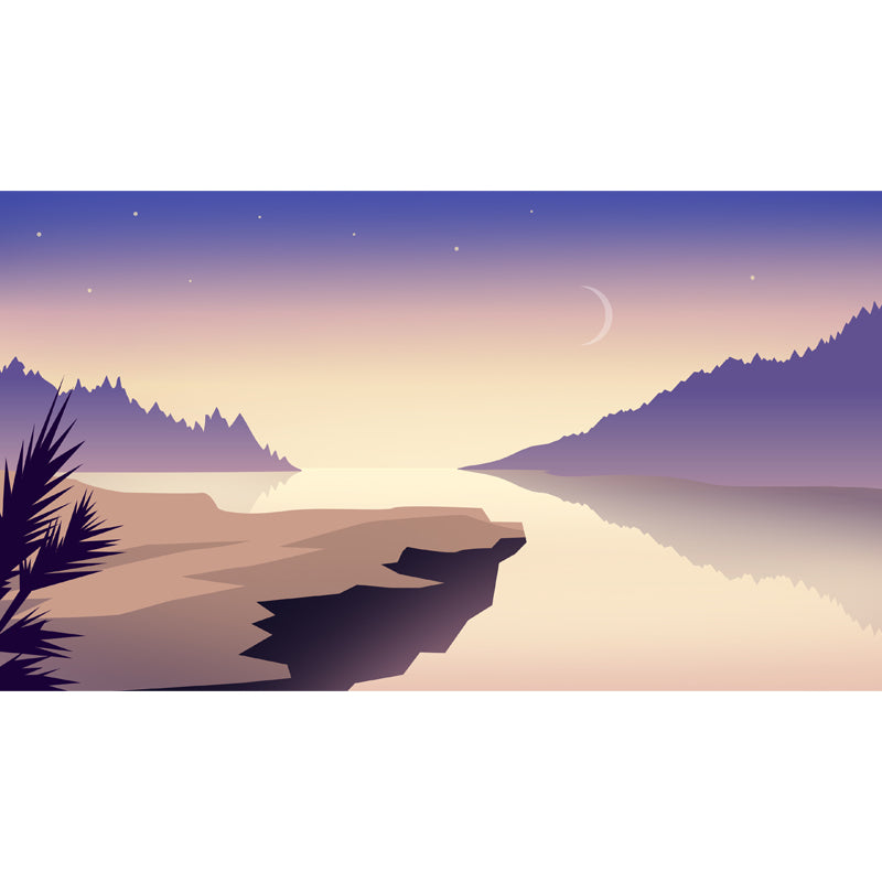 Non-Woven Stain Resistant Mural Modern River and Moon Night Starry Sky Print Wall Art in Purple-Yellow Clearhalo 'Wall Decor' 'Wall Mural' 1422230