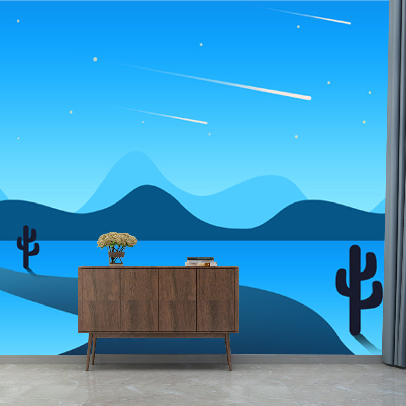 Personalized Illustration Modern Mural with Pathway Cactus and Night Meteor Pattern in Blue Blue Clearhalo 'Wall Decor' 'Wall Mural' 1422237