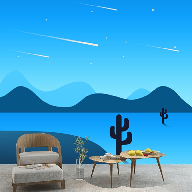 Personalized Illustration Modern Mural with Pathway Cactus and Night Meteor Pattern in Blue Clearhalo 'Wall Decor' 'Wall Mural' 1422238