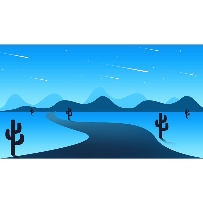 Personalized Illustration Modern Mural with Pathway Cactus and Night Meteor Pattern in Blue Clearhalo 'Wall Decor' 'Wall Mural' 1422240