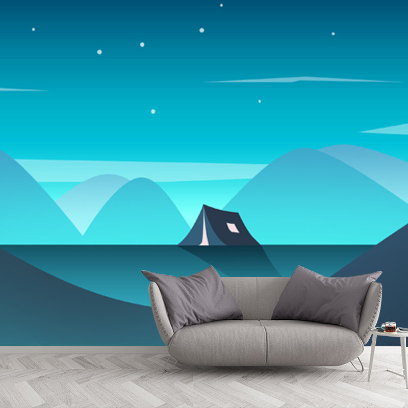 Large Tent in Mountain Mural for Bedroom Night Bright Stars Wall Decor in Aqua, Waterproof Aqua Clearhalo 'Wall Decor' 'Wall Mural' 1422242