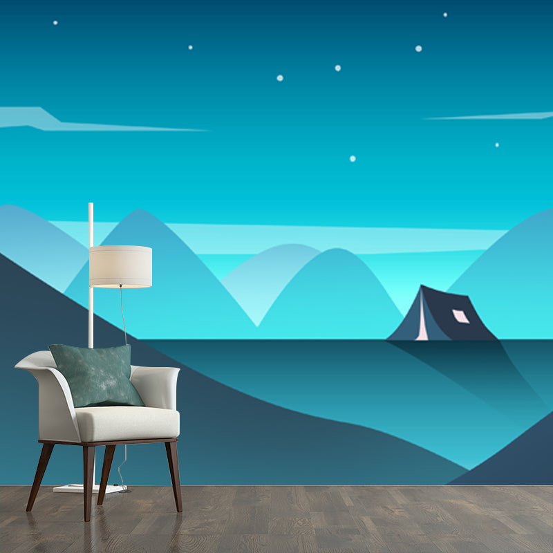 Large Tent in Mountain Mural for Bedroom Night Bright Stars Wall Decor in Aqua, Waterproof Clearhalo 'Wall Decor' 'Wall Mural' 1422243