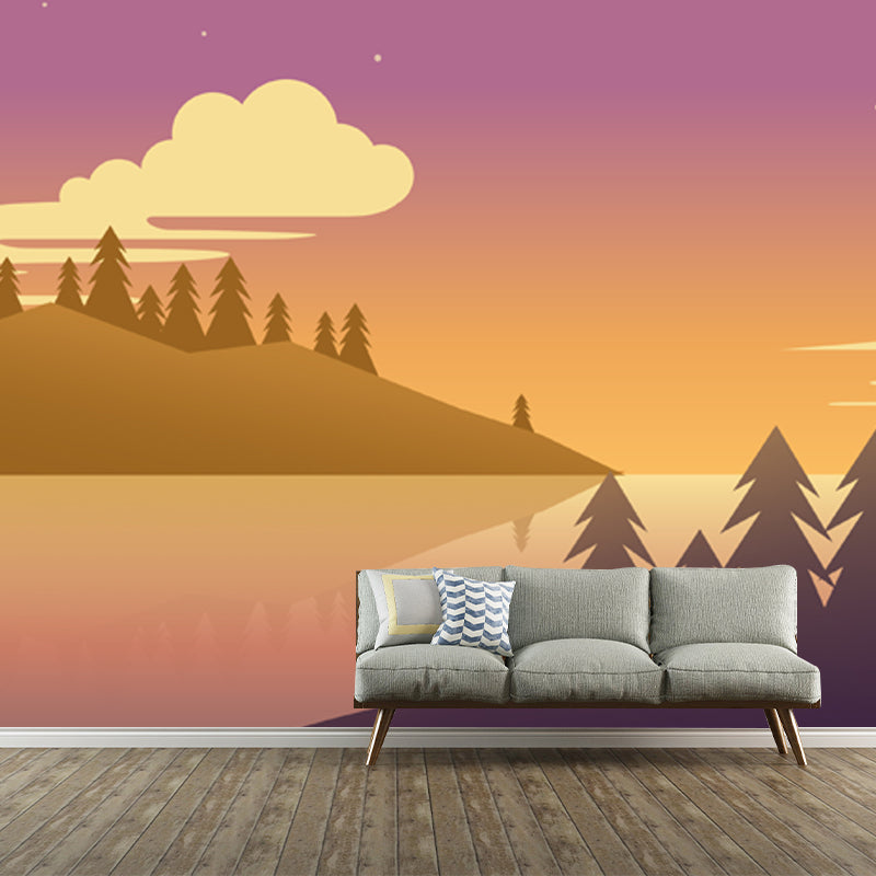 Riverine Forest at Dusk Mural Purple-Yellow Modern Style Wall Art for Living Room Purple-Yellow Clearhalo 'Wall Decor' 'Wall Mural' 1422257