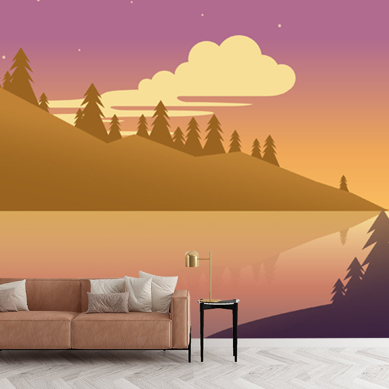 Riverine Forest at Dusk Mural Purple-Yellow Modern Style Wall Art for Living Room Clearhalo 'Wall Decor' 'Wall Mural' 1422258