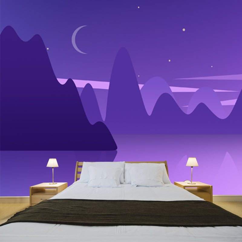 Purple Mountain Lake Reflection Mural Night Landscape Modern Washable Wall Art for Home Purple Clearhalo 'Wall Decor' 'Wall Mural' 1422272