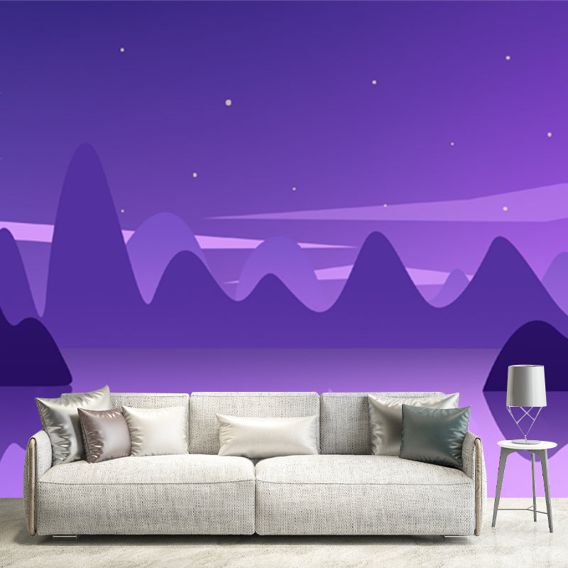 Purple Mountain Lake Reflection Mural Night Landscape Modern Washable Wall Art for Home Clearhalo 'Wall Decor' 'Wall Mural' 1422273