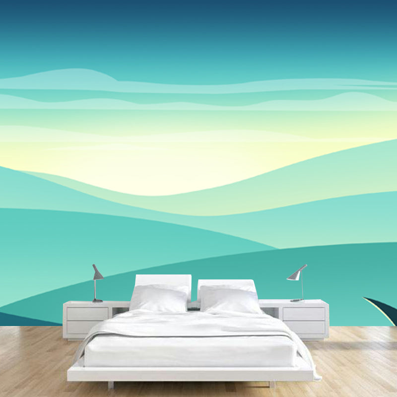 Green Modernist Mural Wallpaper Full-Size Sunrise Landscape Wall Decor for Bedroom Green Clearhalo 'Wall Decor' 'Wall Mural' 1422282