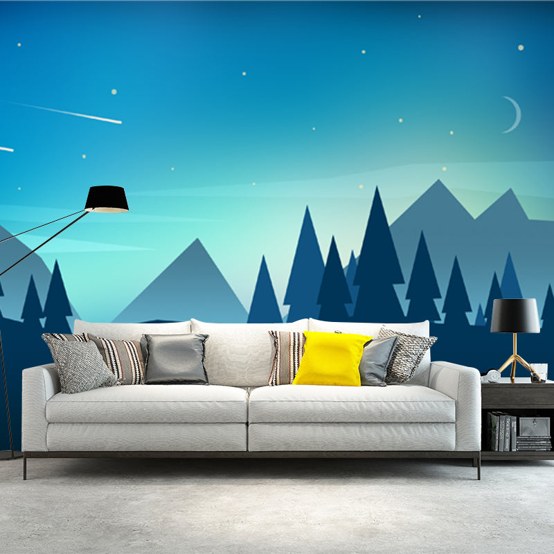 Night Meteor Pipe Forest Murals Nordic Style Non-Woven Material Wall Decor in Blue Blue Clearhalo 'Wall Decor' 'Wall Mural' 1422292