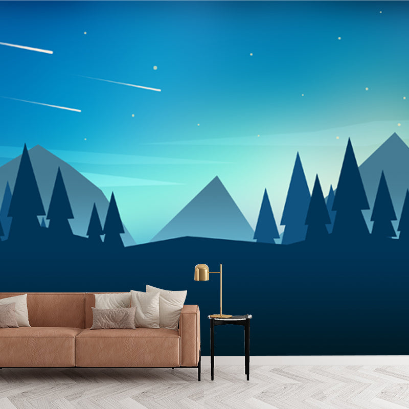 Night Meteor Pipe Forest Murals Nordic Style Non-Woven Material Wall Decor in Blue Clearhalo 'Wall Decor' 'Wall Mural' 1422293