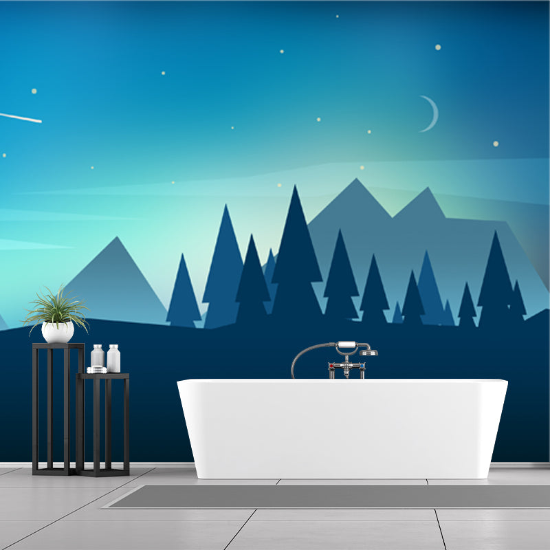 Night Meteor Pipe Forest Murals Nordic Style Non-Woven Material Wall Decor in Blue Clearhalo 'Wall Decor' 'Wall Mural' 1422294