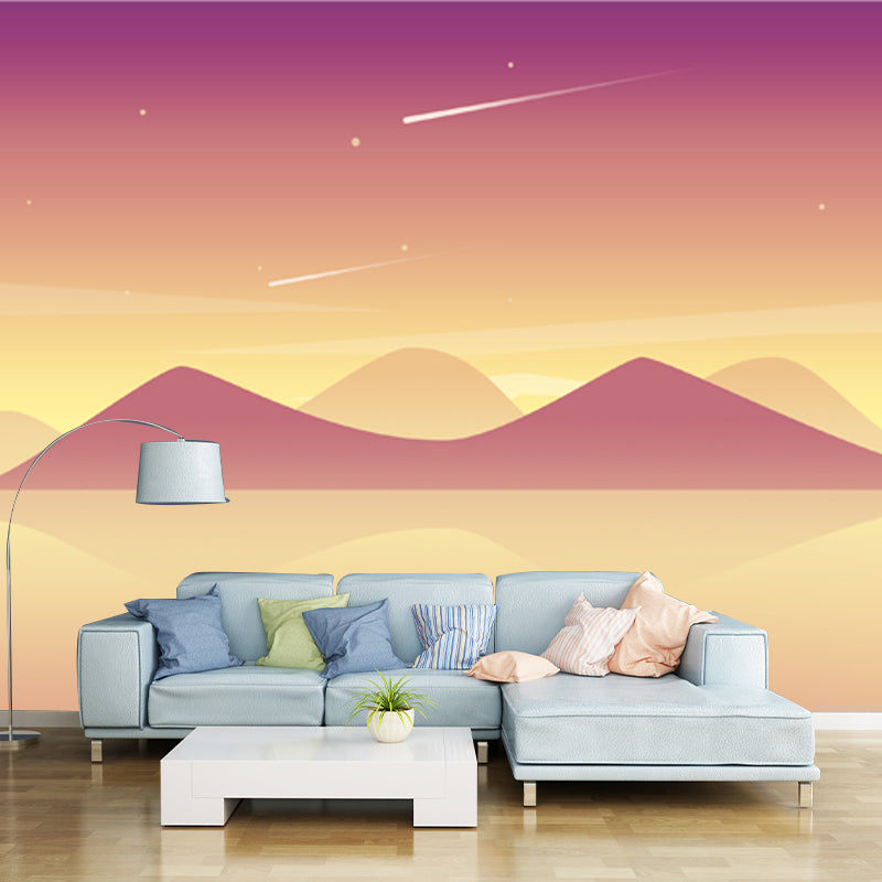 Boat on River Scenery Mural Wallpaper Contemporary Smooth Wall Art in Purple-Yellow Purple-Yellow Clearhalo 'Wall Decor' 'Wall Mural' 1422302