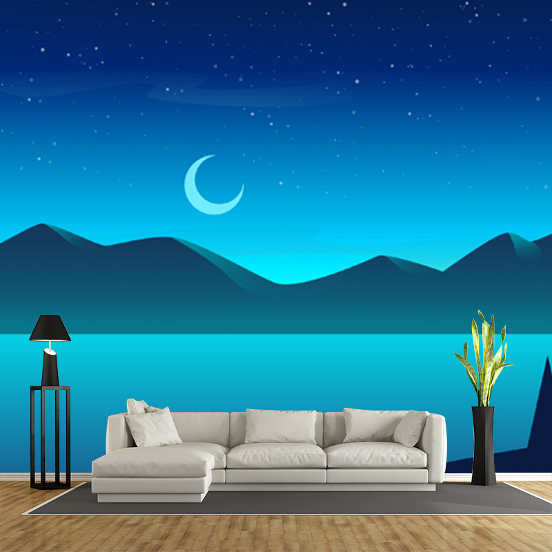 Night Time Mountain River Mural Modern Non-Woven Wall Art in Blue for Living Room Clearhalo 'Wall Decor' 'Wall Mural' 1422335