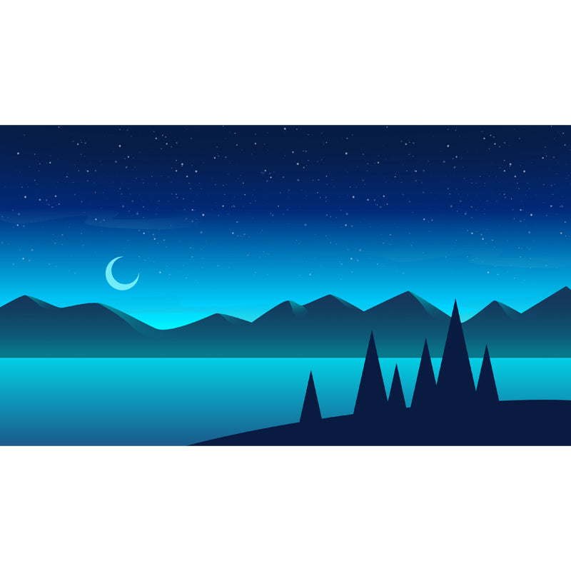 Night Time Mountain River Mural Modern Non-Woven Wall Art in Blue for Living Room Clearhalo 'Wall Decor' 'Wall Mural' 1422336