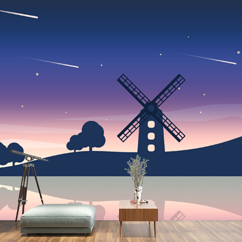 Big Riverside Windmill Mural Wallpaper Nordic Dreamy Meteor Shower Wall Covering in Purple-Blue Purplish Blue Clearhalo 'Wall Decor' 'Wall Mural' 1422338