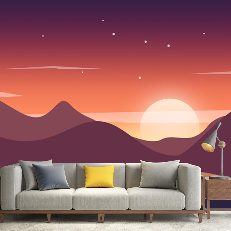 Modern Starry Scenery Wall Mural Yellow-Brown Big Moon Behind Mountain Wall Decor Yellow-Brown Clearhalo 'Wall Decor' 'Wall Mural' 1422343