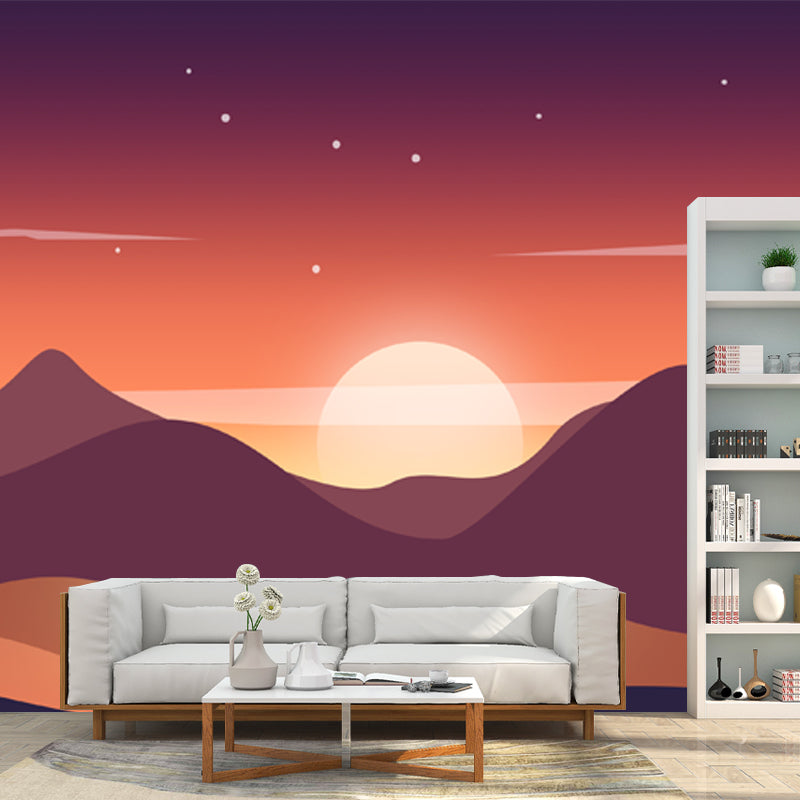 Modern Starry Scenery Wall Mural Yellow-Brown Big Moon Behind Mountain Wall Decor Clearhalo 'Wall Decor' 'Wall Mural' 1422344