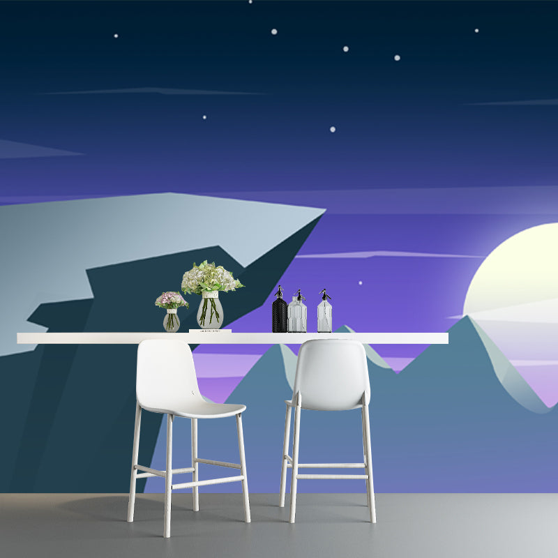 Non-Woven Waterproof Mural Modern Art Cliff and Moon Night Wall Covering in Purple Clearhalo 'Wall Decor' 'Wall Mural' 1422354