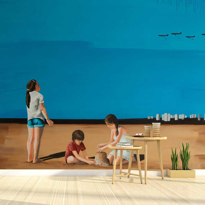 Artistic Kids Wall Paper Mural with Have Fun at Beach Painting Blue-Brown Wall Covering Blue-Brown Clearhalo 'Wall Decor' 'Wall Mural' 1422789