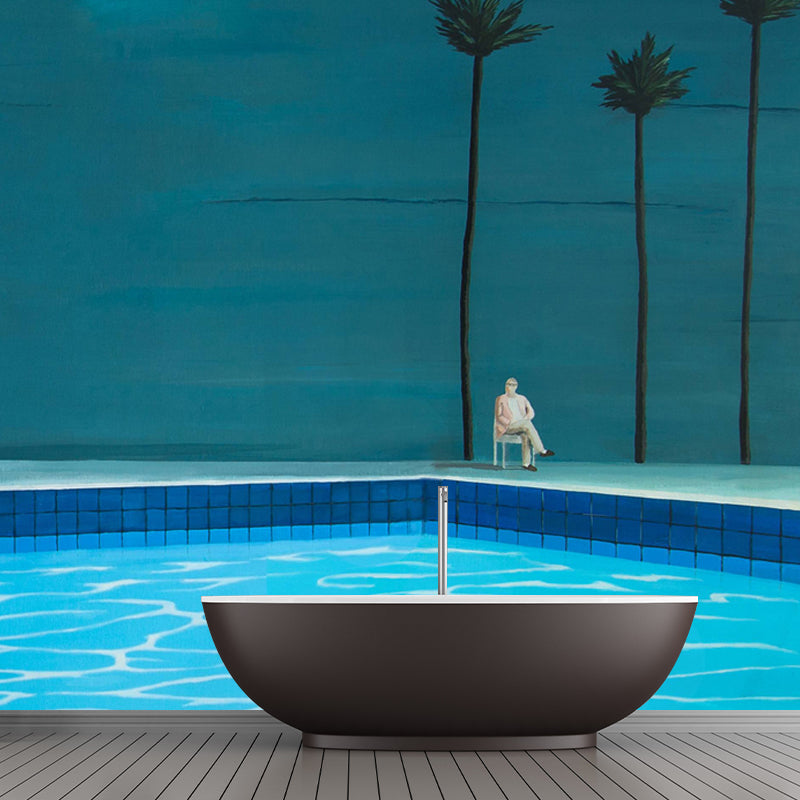 Custom Size Illustration Artistic Mural with Sit by the Pool Side Painting in Blue Blue Clearhalo 'Wall Decor' 'Wall Mural' 1422880