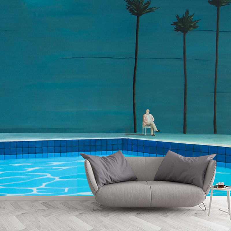 Custom Size Illustration Artistic Mural with Sit by the Pool Side Painting in Blue Clearhalo 'Wall Decor' 'Wall Mural' 1422881