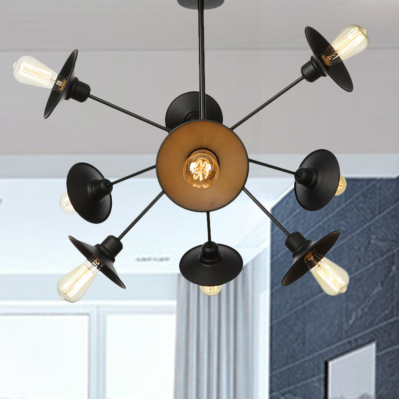 Black Flare Shade Chandelier Lighting Fixture Factory Metal 9/12/15 Lights Living Room Hanging Ceiling Light with Sputnik Design 9 Black Clearhalo 'Cast Iron' 'Ceiling Lights' 'Chandeliers' 'Industrial Chandeliers' 'Industrial' 'Metal' 'Middle Century Chandeliers' 'Rustic Chandeliers' 'Tiffany' Lighting' 1422948