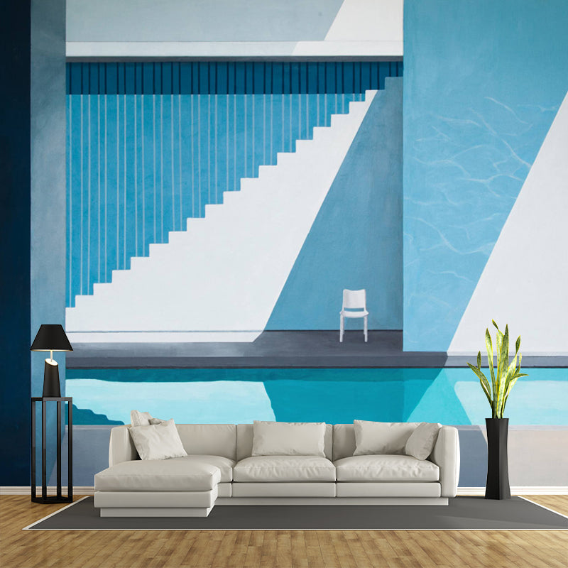 Blue-White Pool Murals Wallpaper Washable Modern Art Living Room Wall Decoration Blue-White Clearhalo 'Wall Decor' 'Wall Mural' 1422973