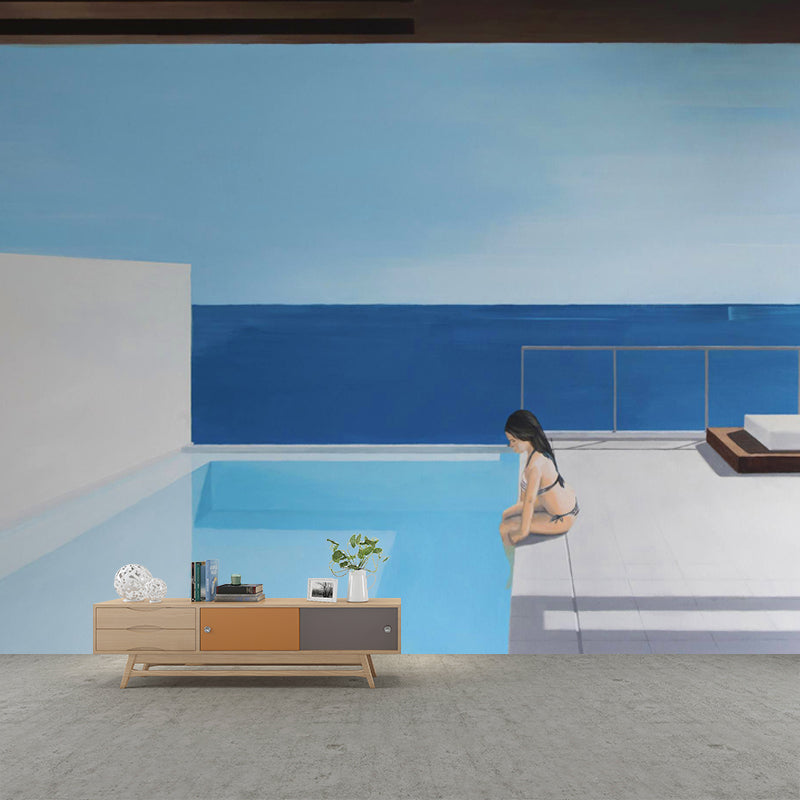 Whole Art Deco Wallpaper Murals Blue-White Sit Alone in Pool Drawing Wall Covering, Size Optional Blue-White Clearhalo 'Wall Decor' 'Wall Mural' 1422988