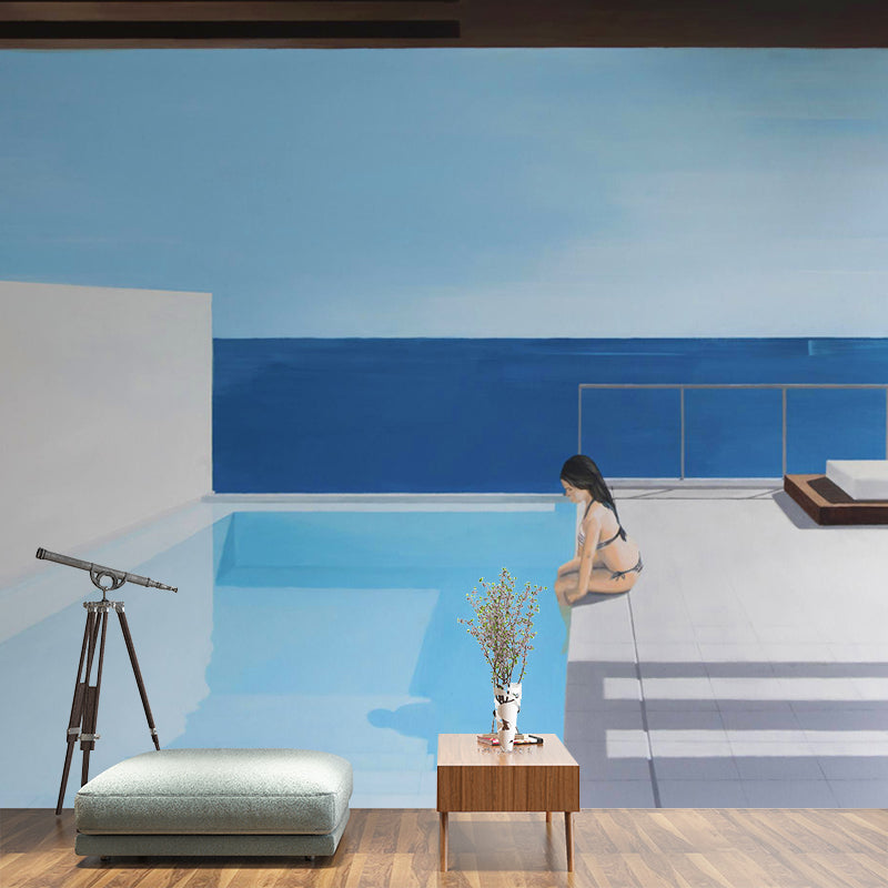 Whole Art Deco Wallpaper Murals Blue-White Sit Alone in Pool Drawing Wall Covering, Size Optional Clearhalo 'Wall Decor' 'Wall Mural' 1422989