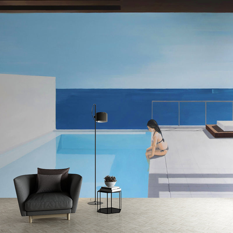 Whole Art Deco Wallpaper Murals Blue-White Sit Alone in Pool Drawing Wall Covering, Size Optional Clearhalo 'Wall Decor' 'Wall Mural' 1422990