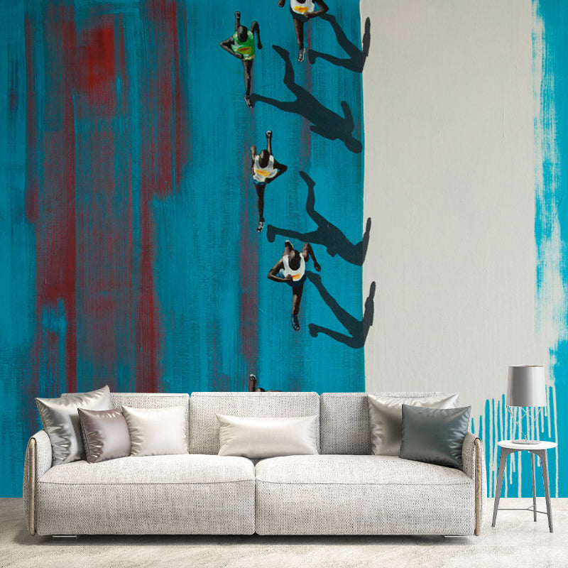 Running Race Overlook Art Murals Contemporary Non-Woven Fabric Wall Covering in Blue Clearhalo 'Wall Decor' 'Wall Mural' 1423016