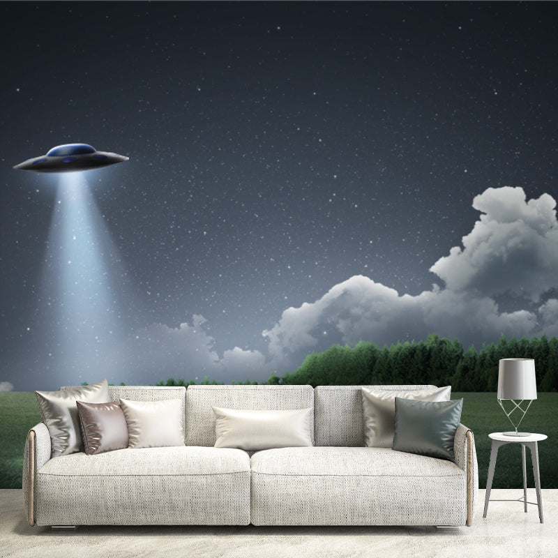 Photography Landing UFO Mural Wallpaper Whole Fictional Wall Decor for Bedroom, Custom Made Aqua Clearhalo 'Wall Decor' 'Wall Mural' 1423039