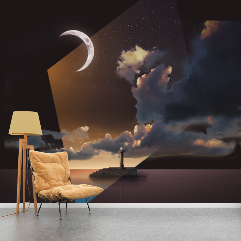 Brown Sci-Fi Wall Murals Full Size Crescent over Isolated Island Wall Decor for Bedroom Clearhalo 'Wall Decor' 'Wall Mural' 1423051