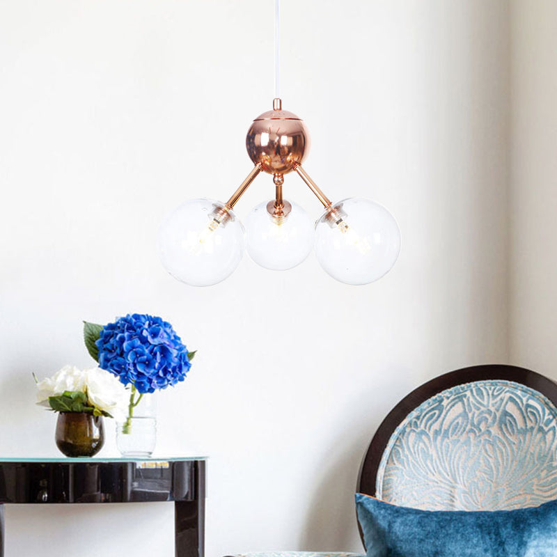 Copper 3/9/12 Lights Ceiling Chandelier Vintage Clear/Amber Glass Orb Shade Hanging Fixture with Branch Design, 13