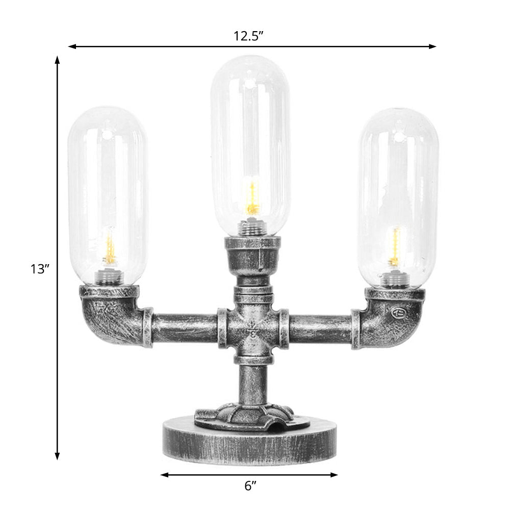 Capsule Clear/Amber Glass Night Light Farmhouse 2/3 Heads Tearoom LED Table Lamp with Pipe Base Clearhalo 'Lamps' 'Table Lamps' Lighting' 1423811