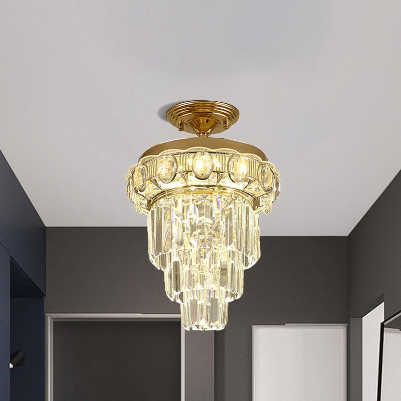 Taper Corridor Ceiling Lamp Modern Clear Crystal Blocks Gold Finish LED Semi Mount Lighting Clearhalo 'Ceiling Lights' 'Close To Ceiling Lights' 'Close to ceiling' 'Semi-flushmount' Lighting' 1423899