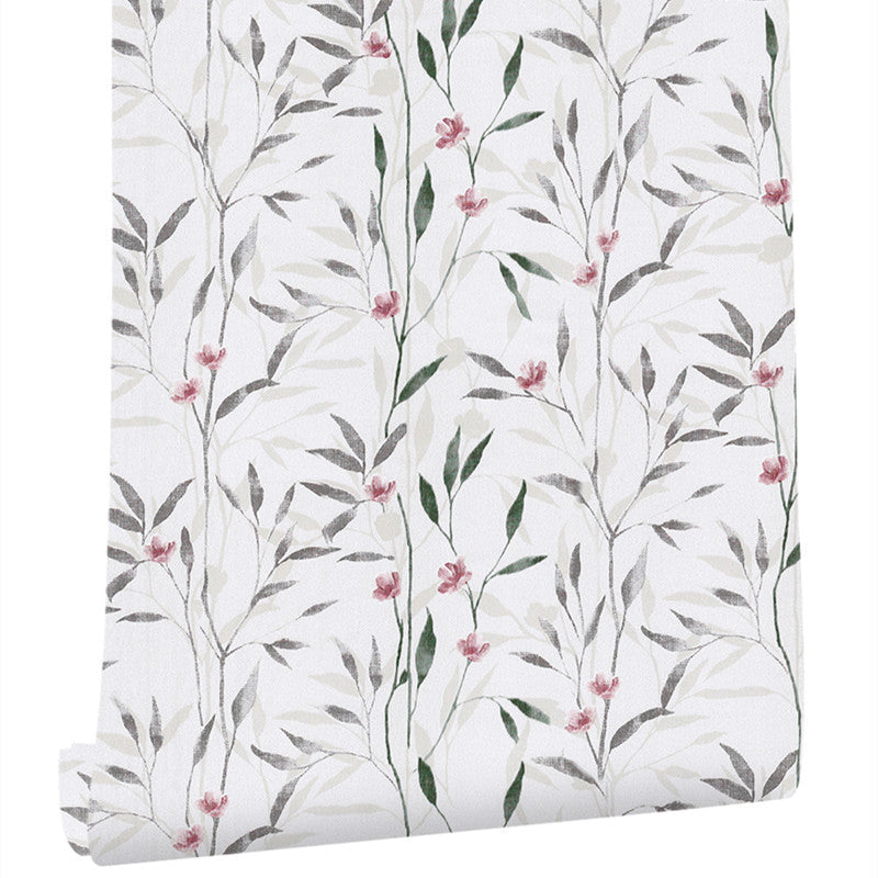 Floral Peel and Stick Wallpaper in Red-Green on White Countryside Wall Art for Living Room, Temporary Clearhalo 'Country wall decor' 'Rustic' 'Wallpaper' Wall Decor' 1424313