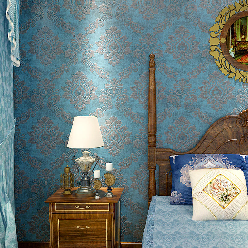 Damask Flower Wallpaper Roll Vintage Style 3D Embossed Wall Art in Blue for Bedroom Blue Clearhalo 'Vintage wall decor' 'Vintage' 'Wallpaper' Wall Decor' 1424452