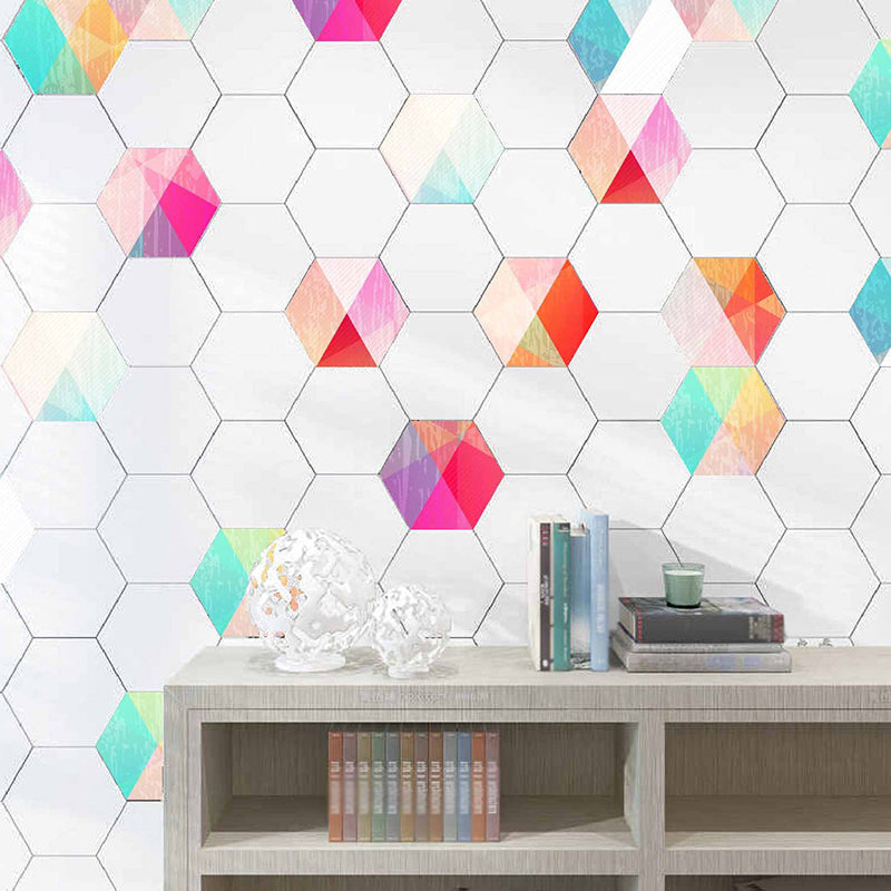 Geometric Honeycomb Peel Wallpaper Panels Contemporary PVC Wall Art in Red-Yellow-Blue Red-Yellow-Blue Clearhalo 'Wall Decor' 'Wallpaper' 1424850