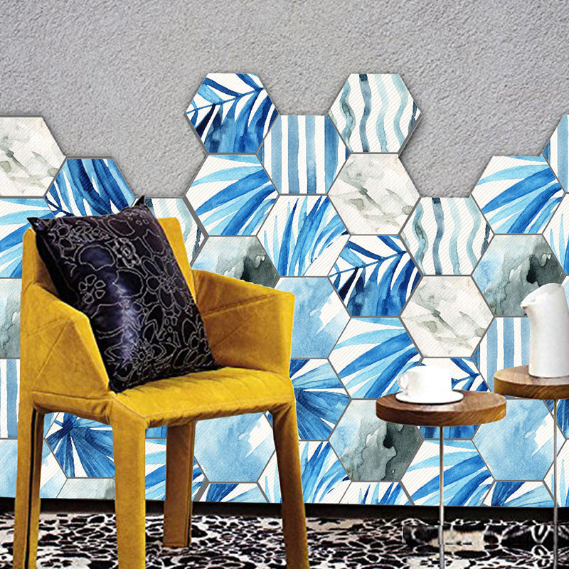 Palm Leaves Peel Off Wallpaper Panel Blue-White Tropical Wall Decor for Living Room Blue-White Clearhalo 'Wall Decor' 'Wallpaper' 1424860